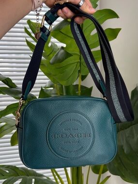 Coach Teal Pebbled Leather Camera Crossbody with Striped Strap